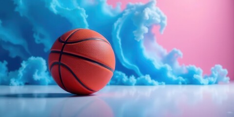 Obraz premium A lone basketball rests on a smooth surface, a vibrant orange sphere against a backdrop of stylized pastel blue clouds and a soft pink sky.