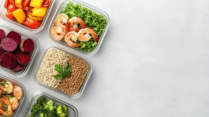 Fresh meal prep with vegetables and shrimp in containers on white background, healthy diet concept.