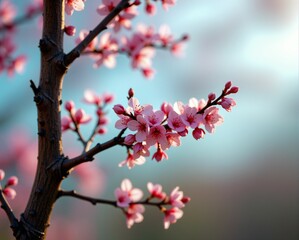 Obraz premium A close-up of delicate pink cherry blossoms on a slender branch, set against a soft, blurred background, evoking feelings of spring and renewal.