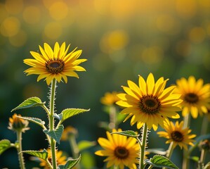 Obraz premium Sunflowers bloom vibrantly in a field, illuminated by warm sunlight, creating a cheerful and serene atmosphere.