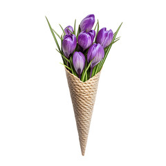Purple crocuses in a ice cream cone isolated on white background. 
