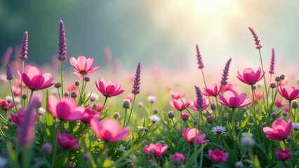 Fototapeta premium Serene Meadow of Vibrant Pink Blossoms and Delicate Purple Spikes Basking in the Golden Hour Sunlight