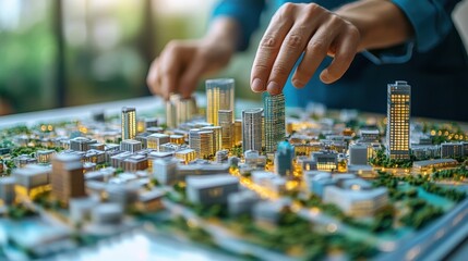 Obraz premium Hands arranging illuminated cityscape model.
