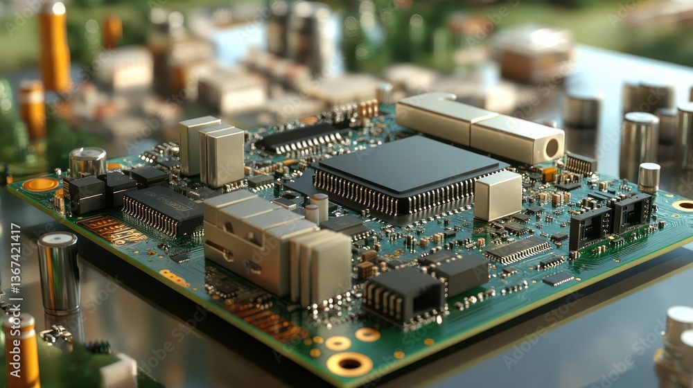 Poster close-up of a green circuit board with various components.