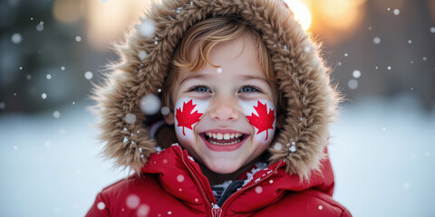 A joyful child smiles widely, wearing a red coat and featuring Canadian flag face paint, surrounded by snowflakes in a winter landscape