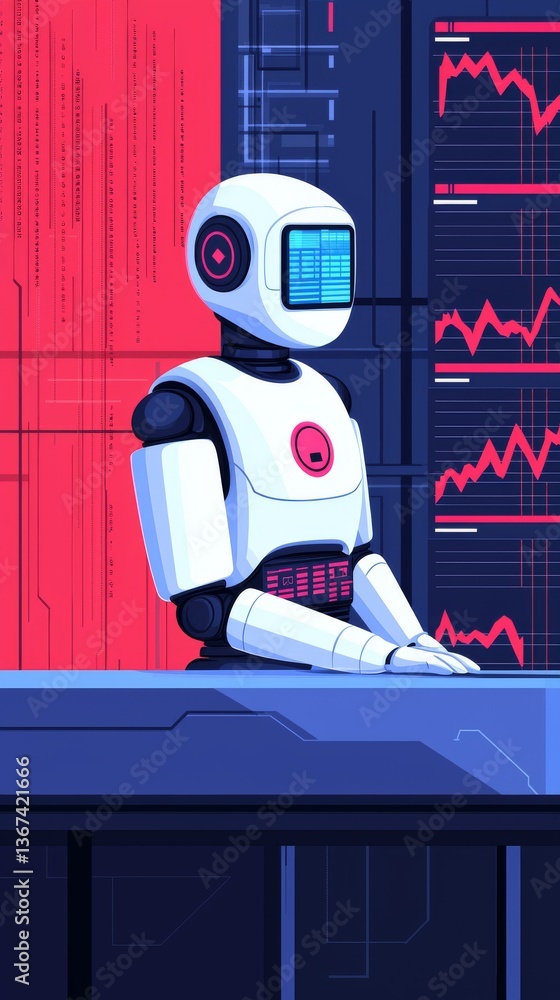 Poster futuristic white robot analyst mo in digital workspace high-tech environment detailed visualization 