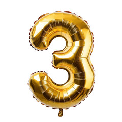 Shiny golden foil balloons shaped like the number 3, perfect for 3rd birthday, anniversary celebrations, or festive decor isolated on transparent background