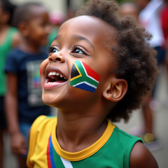 A joyful child with curly hair and a South African flag painted on their face smiles brightly during a festive celebration, surrounded by other children enjoying the moment