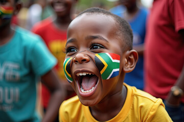 A joyful African boy with a painted face showing the South African flag laughs enthusiastically during a celebration surrounded by other happy children