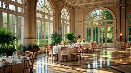 Elegant ballroom with round tables, natural light, and garden view, for weddings and events