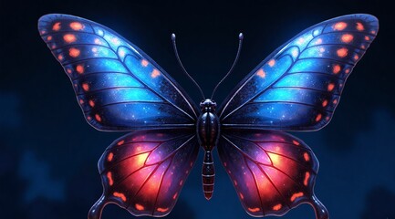 A stunning digital art piece showcasing a beautiful butterfly with blue and orange wings in a macro view.
