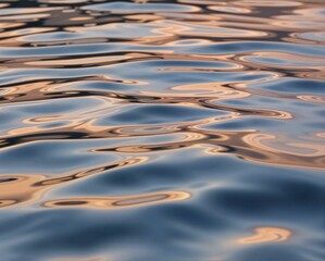 A serene close-up of water surface, showcasing gentle ripples reflecting soft hues of blue and gold.