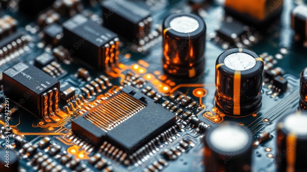 Poster close-up of illuminated circuit board components.