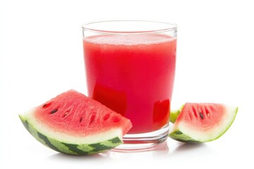 Refreshing watermelon juice served in a glass with chilled slices on a clean white background isolated on transparent background