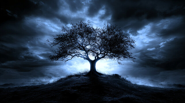 Metaphorical storytelling of a lone tree on a hill underneath a vast sky featuring a beautiful landscape and evocative sense of solitude.