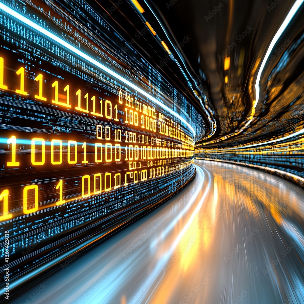 Poster futuristic digital landscape with flowing data streams in bright colors and dynamic lines representi