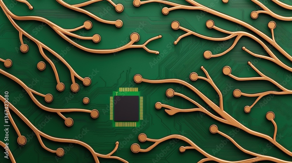 Poster a close-up of a green circuit board featuring intricate copper pathways and a central microchip, sym