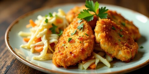 Crispy Breaded Cutlets Served with Creamy Vegetable Medley on a Rustic Plate