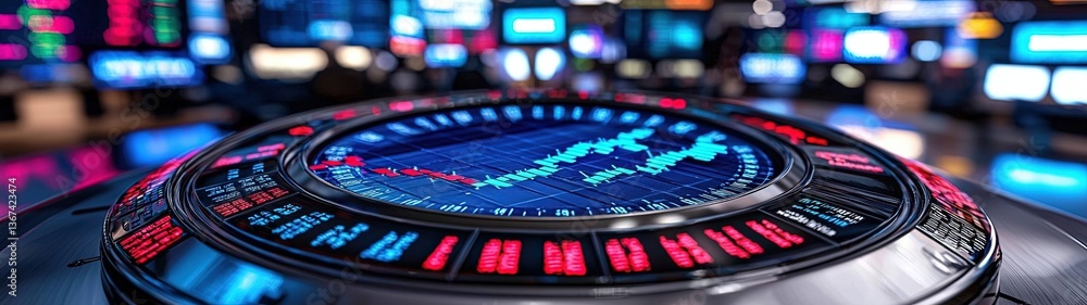 Poster impressionistic illustration of digital dashboard displaying stock market trends with graphs and ind