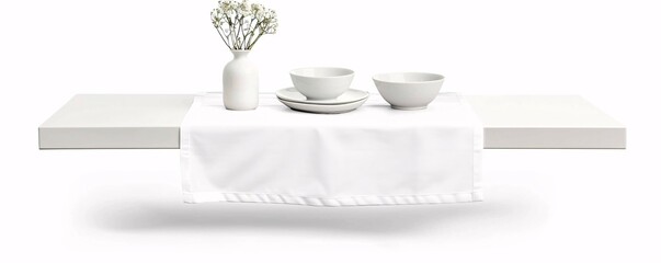 Minimalist white table setting with white bowls and vase on floating shelf