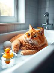 The red-haired cat is bathing