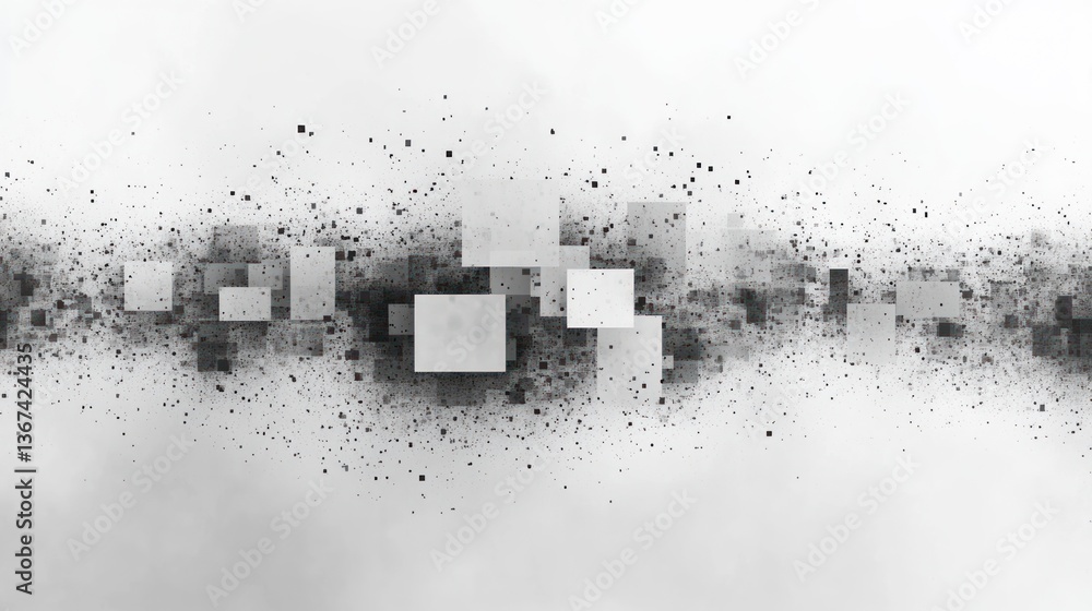 Poster abstract grayscale image of scattered squares and dust particles.