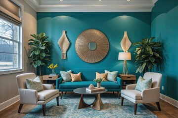 Modern Workspace Design Featuring Chic Teal Walls Cozy Furniture and Rich Textures