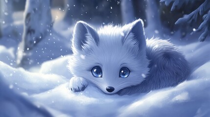 Enchanting Arctic Fox Cub in a Winter Wonderland with Sparkling Eyes