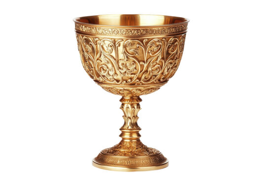 Intricately designed golden chalice with floral patterns displayed on an elegant pedestal isolated on transparent background