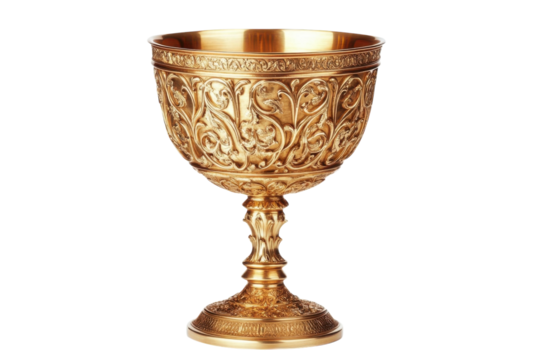 Intricately designed golden chalice with floral patterns displayed on an elegant pedestal isolated on transparent background