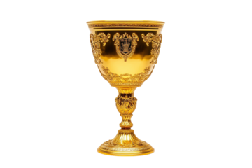 A beautifully ornate golden trophy cup showcasing intricate designs against a clean white backdrop isolated on transparent background