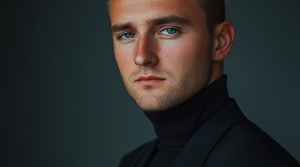 Obraz premium Confident man in futuristic attire, soft light enhancing his poised demeanor, embodying modern elegance and forward-thinking vision.