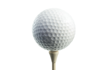 A close-up view of a golf ball on a wooden tee against a bright white background at sunset isolated on transparent background