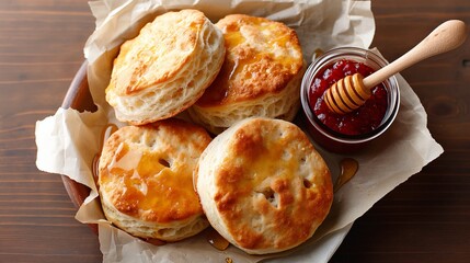 Golden flaky biscuits with sweet honey and berry jam on rustic paper