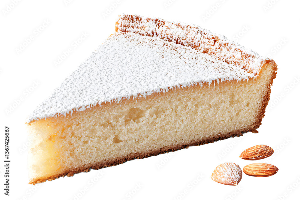 Poster a slice of cake with powdered sugar on top and almonds on a black background in a studio shot