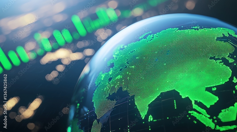 Poster a digital globe depicting a green map, surrounded by glowing data patterns, symbolizing global conne