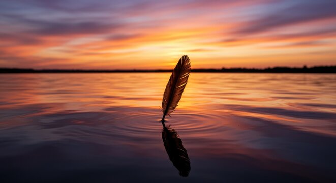 Serene Sunset: A Single Feather Floating on Calm Waters at Golden Hour