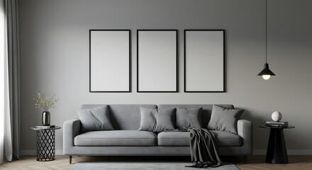 Cozy Living Room with Minimalist Design, Cozy Living Room Featuring a Minimalist Design and Stylish Gray Sofa