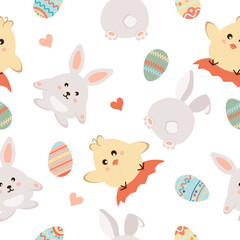 Happy easter. Seamless pattern with easter eggs, rabbit, chicken, heart on white background.
