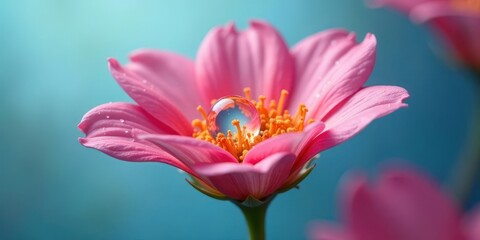 Fototapeta premium A single dewdrop rests delicately within the vibrant pink petals of a blossoming flower, reflecting the soft, tranquil background.