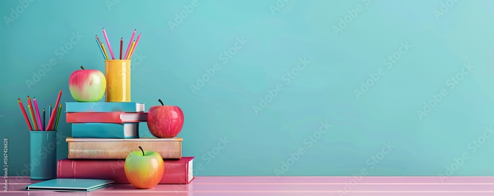 Poster Pink desk with a stack of books and apples against a turquoise background, creating a back to school theme