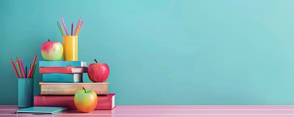 Pink desk with a stack of books and apples against a turquoise background, creating a back to school theme