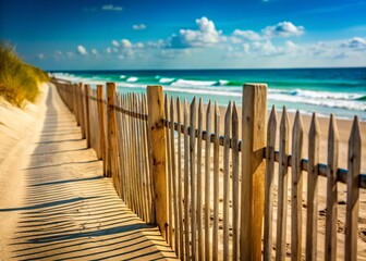 Fototapeta premium Coastal Beach Fence Row, Summer Ocean View, Copy Space, Vacation Background