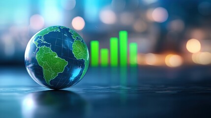 A globe representing Earth with green continents, set against a blurred background featuring upward bars, symbolizing growth and progress, Green Technology.