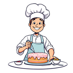 Pastry chef decorating cake with icing bag in kitchen