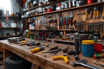Fototapeta premium Organized workshop with variety of hand tools on wooden workbench