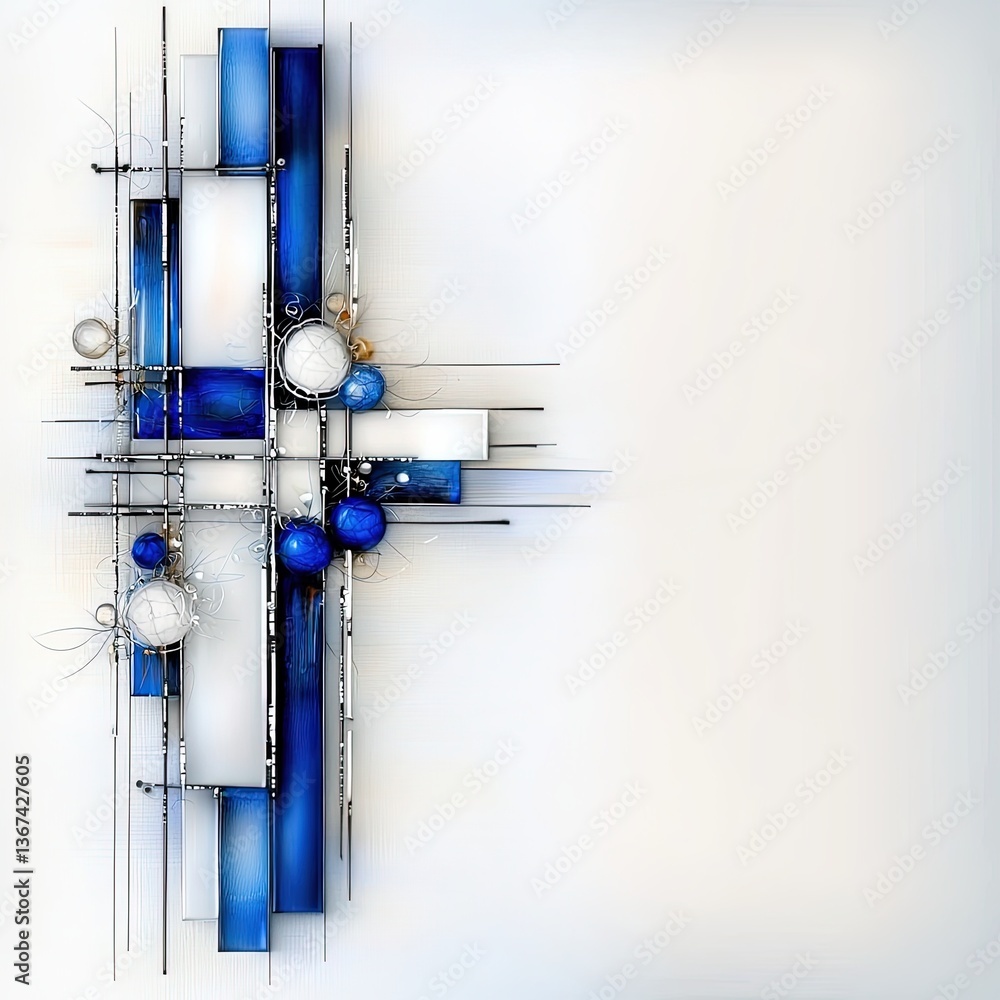 Poster abstract interpretation of modern design elements featuring geometric shapes and vibrant blue hues w