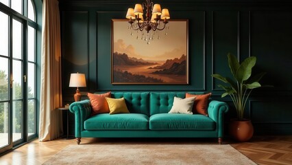 Elegant Teal Velvet Sofa in a Dark Green Room with Landscape Art