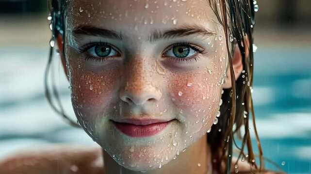 A headshot of a young woman with wet hair, water droplets glistening on her face as she emerges from a swimming pool.
