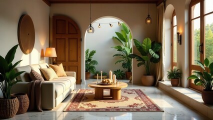 Serene Living Room with Indoor Plants and Natural Light Featuring a Comfortable Sofa, Wooden Coffee Table, and Woven Accents